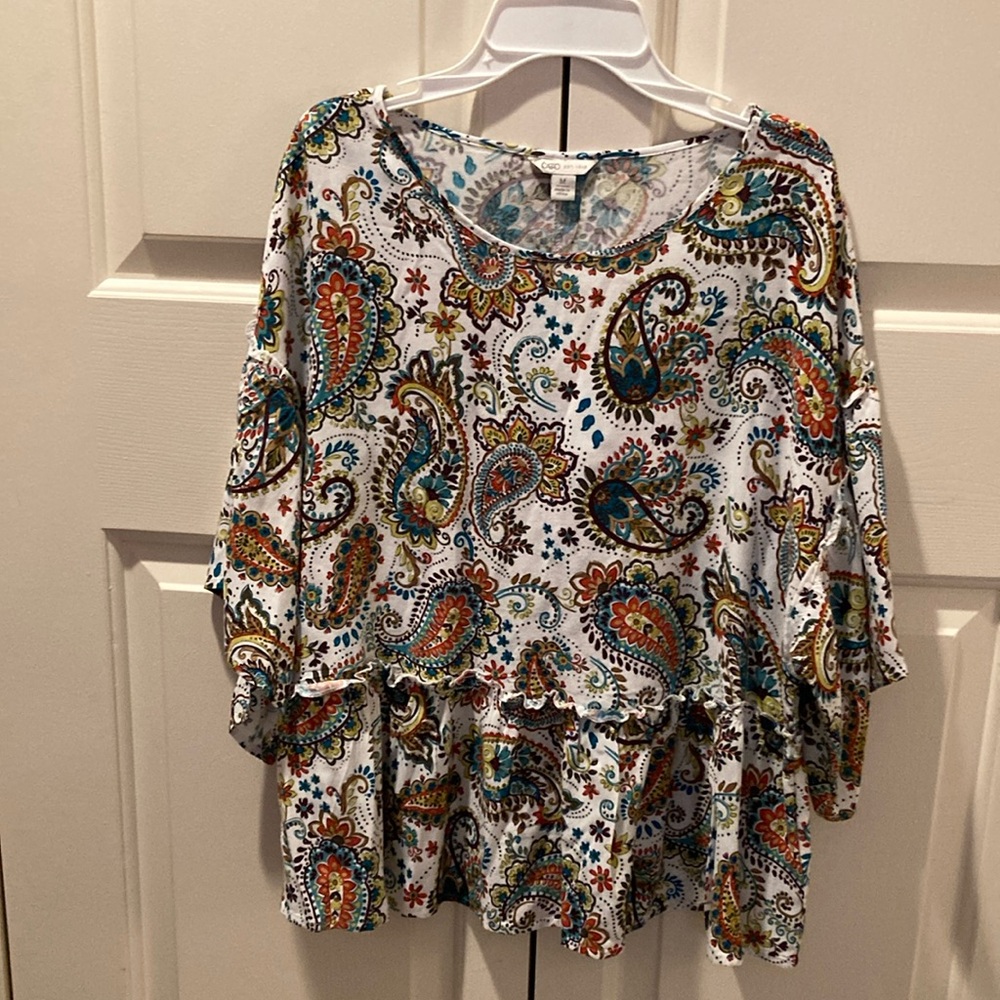 Cato White and Blue Relaxed Tiered Blouse